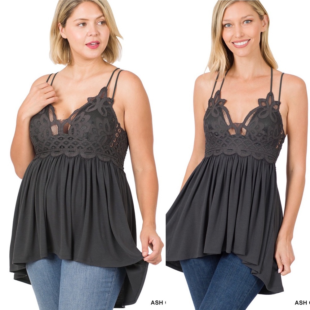 Grey Boho Crochet Lace Bralette Babydoll Ruffle Long Tunic Cami Top Zenana Sz.XL